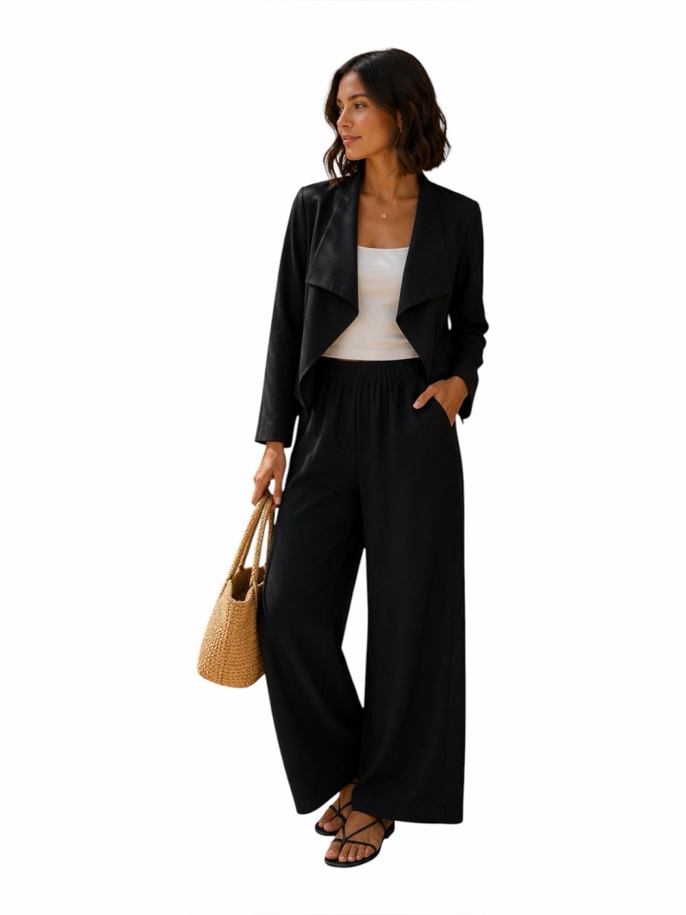 Krisa Black Draped Open Front Jacket Faux Leather Trim Minimalist M